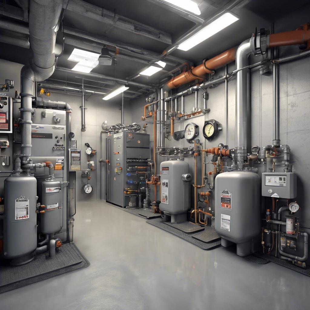 A mechanical room with boilers and piping